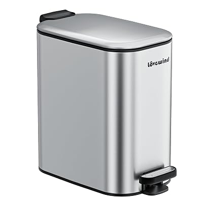 LOVEWIND Bathroom Trash Can with Lid, 1.6 Gallon 6 Liter Stainless Steel Garbage Can with Removable Inner Bucket, Step Pedal Wastebasket-Narrow Waste Bin for Bathroom, Toilet, Office, Bedroom, Silver