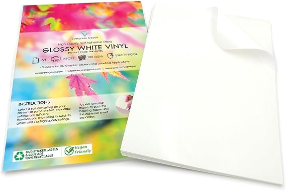 Evergreen Goods 40 Sheets A4 Glossy White Printable Vinyl Sticker Paper, Waterproof Self-Adhesive Printer Sheets for Inkjet & Laser Printers - Perfect for Stickers, Labels & Crafts