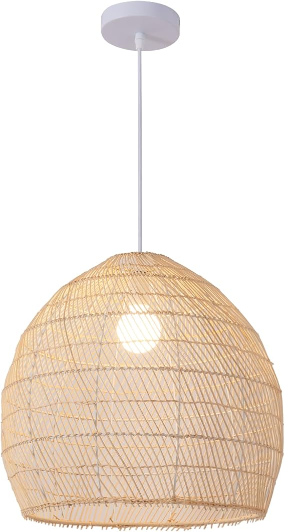 1-Light Rattan Pendant Light,13.78 Hand-Woven Bamboo Rattan Hanging Light Wicker Chandelier for Kitchen Island Restaurant Craft Room Farmhouse