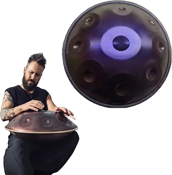 Handpan Drum Instrument, 440hz 22 Inches 9/10/12 Notes Percussion Instrument Steel Hand Drum in D Minor with Soft Handpan Bag, 2 Mallets for Sound Healing(Dark purple,10 Notes)