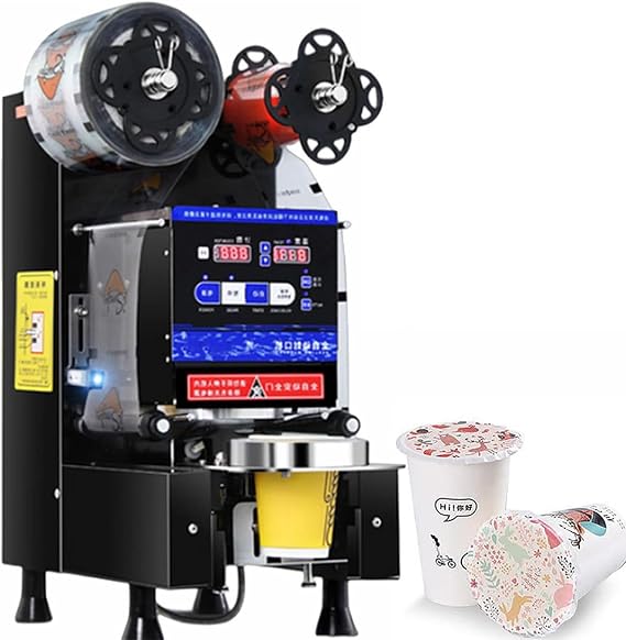 480W Fully Automatic Vacuum Sealer, 90/95MM Electric Tea Cup Sealing Machine, 400-600 Cups/H Digital Control LCD Panel (Black