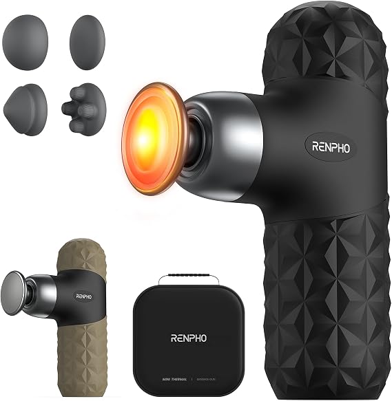 RENPHO Mini Massage Gun with Heat,Massage Gun Deep Tissue with 4 Massage Heads,Ultra Small & Quiet Muscle Gun with Carry Case for Gym Office Workout Muscle Massager,Gifts for Women,Black