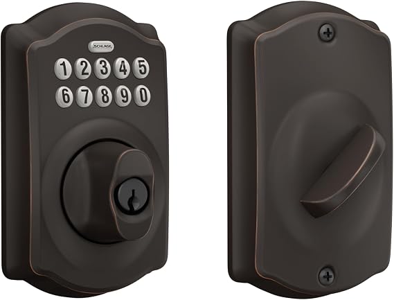 Schlage Electronic Keypad Deadbolt Lock, Camelot Trim, Aged Bronze | Keyless entry door lock, Push button keypad deadbolt, Key backup included, Certified security, Easy install, BE365