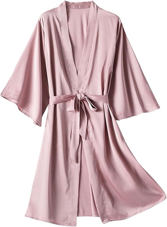 Women's Satin Robe Short Sleeve Loose Causal Silky Lightweight Belted Robes Bridesmaids Sleepwear Bathrobes