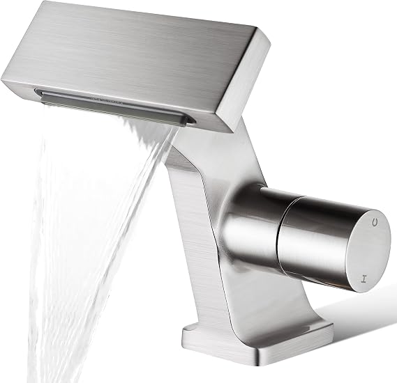 BAKALA Bathroom Sink Faucets Brushed Nickel, Waterfall Bathroom Faucet 1 Hole, Single Handle Brass Bathroom Faucet Deck Mount with 2 Supply Hoses for Basin Lavatory Vanity
