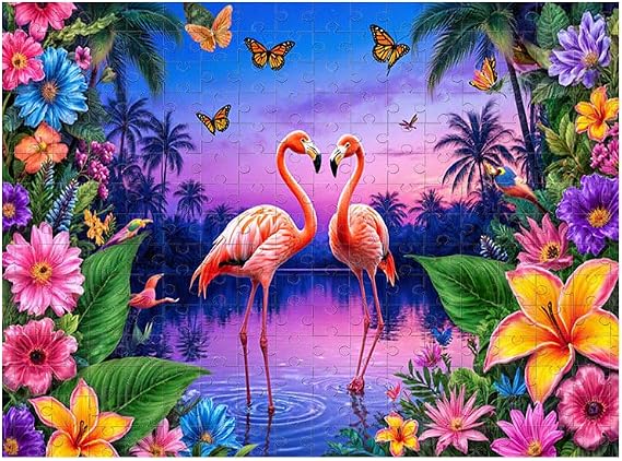 500Pcs Puzzle Jigsaw Puzzle Vibrant Tropical Sunset Heart Shape Palm Trees Butterflies Flowers for Home Decor Family Activity 14.9X20.4 Inch