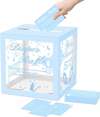 Blue Clear Diaper Raffle Tickets Card Box for Baby Shower, 50 Pcs Diaper Raffle Tickets with Advice and Wishes, for Gender Reveal Baby Shower Games, Diaper Raffle Box Party Decorations Supplies