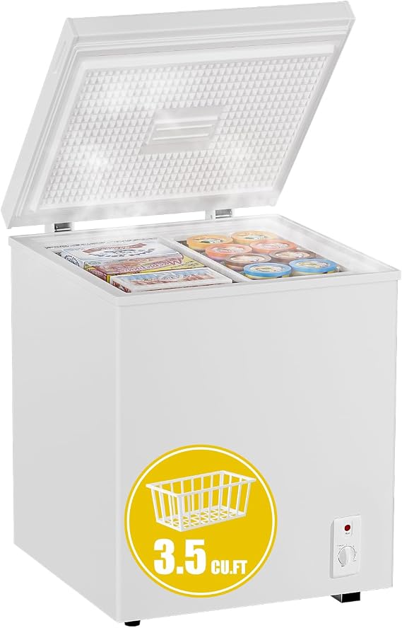 3.5 Cu. Ft Chest Freezer - Small, Quiet Space-Saving Deep Freezer - White | Fast Freeze, Energy-Efficient, Removable Basket, Free Standing, Top Open Door, Manual Defrost, for Home, Garage & Apartments