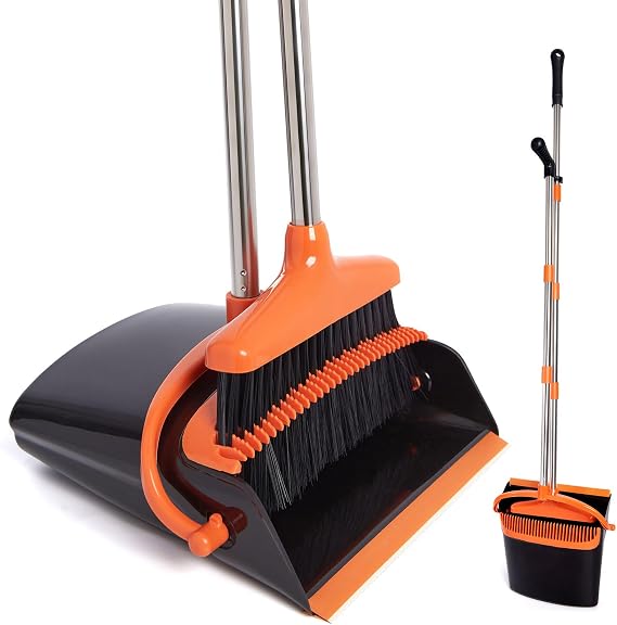 Broom and Dustpan Set with Long Handle Dustpan with Shovel Dustpan Set with Extendable Handle Dustpan and Dustpan Set for Household Cleaning Office (Black/Orange)