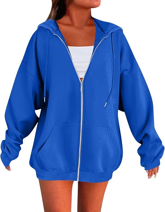 Womens Zip Up Jacket Oversized Full Zip Up Pullover with Hooded Casual Ribbed Cuffs Sweatshirts with Pockets