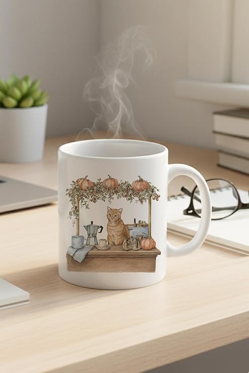 Sonbahar Temalı Sevimli Kedi No:8 Baskılı Hediyelik Kupa Bardak, QBM8155