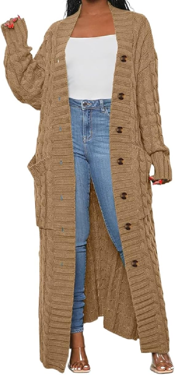 Women Stylish Cable Knit Dual Chunky Floor Length Maxi Cardigan with Button