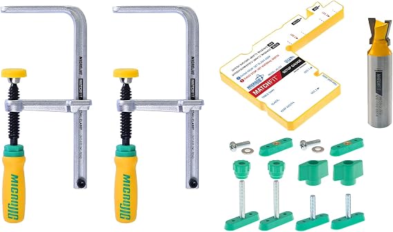 MICROJIG Matchfit Dovetail Clamp Pro Router Bit Kit, 1/2-inch Shank 14-Degree, Woodworking Track System Routing Tools, (DVC-1177K2) | 14-degree profile, adjustable cutting depth