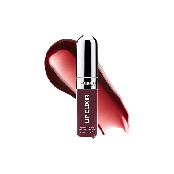 Sacheu Lip Elixir Hydrating Lip Gloss, Midnight Lychee | 3-in-1 balm, gloss & oil, glossy & non-sticky finish, infused with vegan collagen, shea butter & vitamin E, improves texture