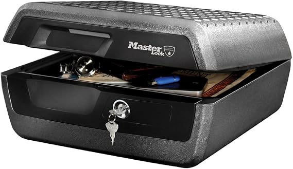 MASTER LOCK Certified Fireproof and Waterproof Safe Box with Key, 10L, 419 x 193 x 375 mm, Portable, for Home and Professionals, Black