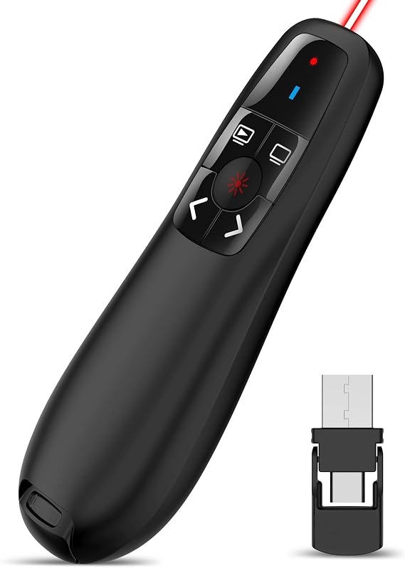 Wireless Presenter Remote Presentation Clicker: USB Type C PowerPoint Clicker with Red Pointer Long Range PPT Control - Universal Power Point Slide Advancer for Mac MacBook Laptop PC Computer Keynote