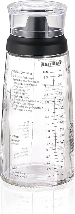 Leifheit Glass Salad Dressing Bottle 10 oz Durable Eco-Friendly Glass with Leakproof Plastic Lid, Built-In Recipe Guide, Dishwasher Safe, German Design, Non-Drip Spout Black
