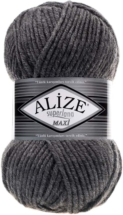 Alize Superlana Maxi 25% Wool - 75% Acrylic Lot of 4 Skein Yarn Thread Crochet Lace Hand Knitting Turkish Yarn 400gr 437 yds Color (182 - Medium Grey Melange)