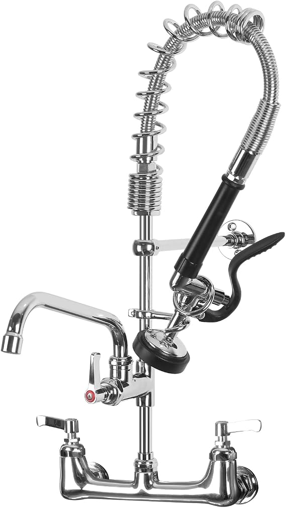 Commercial Sink Faucet with Sprayer for Kitchen : MSTJRY 25'' Height 8'' Center 12'' Spout Wall Mount Sink Faucet with Pre Rinse Sprayer - Brass Constructed Polished Chrome for 1/2/3 Compartment Sink