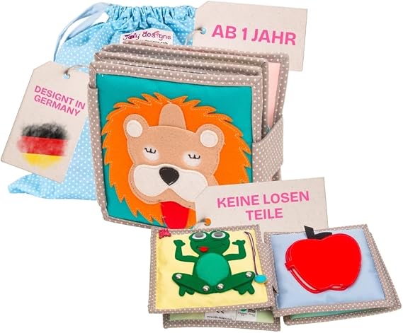 Jolly Designs Mini Quiet Book Dösender Löwe – Montessori Spielzeug ab 1 Jahr – Stoffbuch & Busy Book ohne lose Teile – Lernspielzeug aus Filz – Motorikbuch für Babys & Kleinkinder