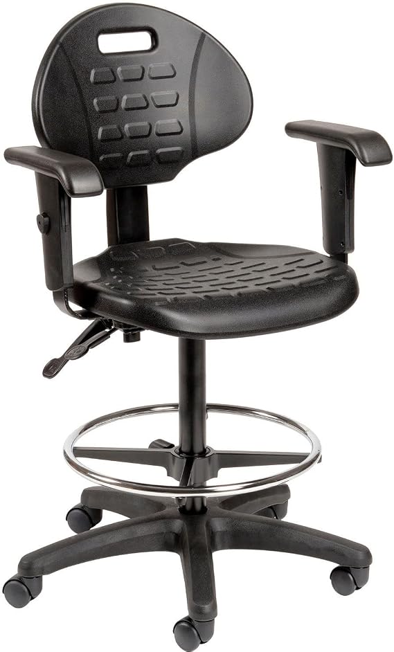 Global Industrial Interion Polyurethane Task Stool with Adjustable Arms | Mid Back Home Office Chair with Lumbar Support, Height Adjustable, Drafting Chair with Footrest, Black