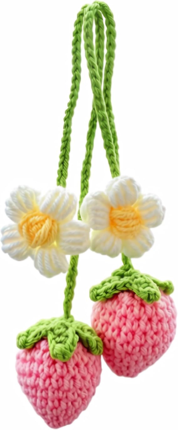 Crocheted Car Accessories, 2 Pcs Cute Handmade Crochet Strawberry Car Mirror Hanging Decor, Knitted Strawberry Pendant for Rearview Mirror, Bag, Home, Gift for Women Girls (Pink)