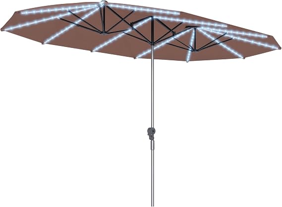 Outsunny 15ft Extra Large Patio Umbrella with Bright Solar Lights, Aluminum UPF50+ Double-Sided Outdoor Table Market Umbrella with Fiberglass Ribs Crank Air Vents for Backyard Deck Pool