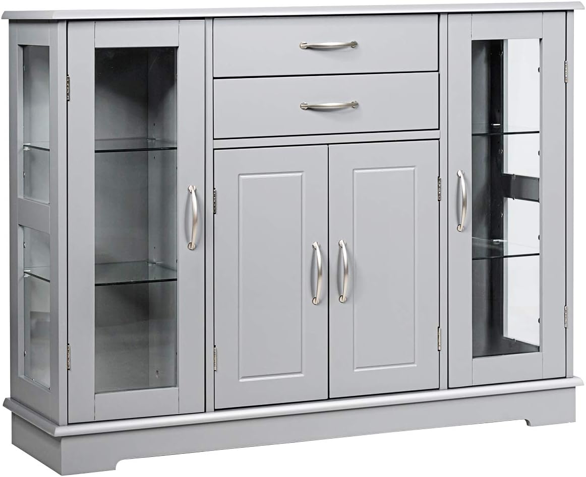 COSTWAY Buffet Sideboard, Wooden Storage Cabinet with Adjustable Shelves and 2 Glass Doors, Server Pantry Cupboard for Kitchen Living Dining Room Grey