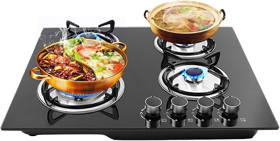 23-inch Gas Cooktop - 4 Burner Tempered Glass Stove, LPG/NG Gas Stove Cooker with Regulator & Electronic Ignition (Type A)