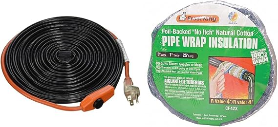 Frost King HC30A Automatic Electric Heat Kit Heating Cables, 30 - Feet, Black & CF42X Foil Backed No Itch Natural Cotton Pipe Wrap, 3-Inch x 1-Inch x 25-Feet