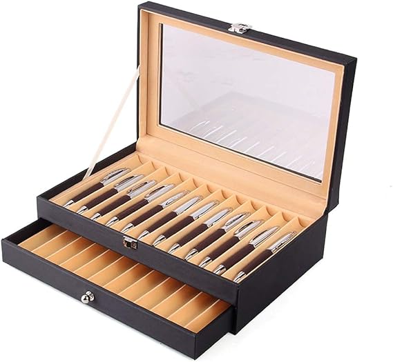 Pen Display Case-24 Fountain Pens, Leather Pen Display Box with Glass Lid and Velvet Lining, Lockable Luxury Collector Pen Organizer Storage Box (24