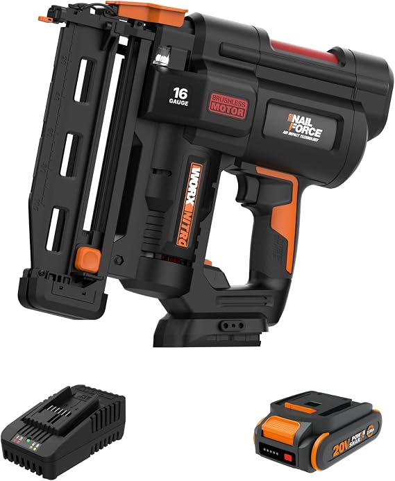 Worx Nitro 20V 16GA Finish Nailer Cordless 70 Nails/Min Sinks Up to 2-1/2", Compact Cordless Nail Gun w/Tool-Free Jam Release, Brushless Nail Gun Battery Powered WX841L Battery & Charger Included