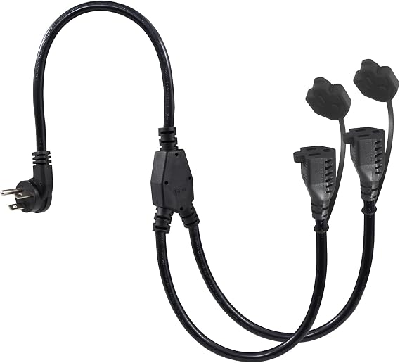 2FT Outdoor Power Extension Cord 2 Way Splitter - Black Flat Wall Plug Short 3 Prong Y Splitte Extension Cord with 2Outlets, 125V 13A 16AWG 1 to 2 Splitter Waterproof Outdoor Cord