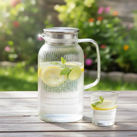Deconox Silikon Fitilli Borosilikat Cam Sürahi (2000 ml) - Metal Kapaklı, Isıya Dayanıklı, Süzgeçli Şeffaf Buzlu Çay ve Limonata Karafı