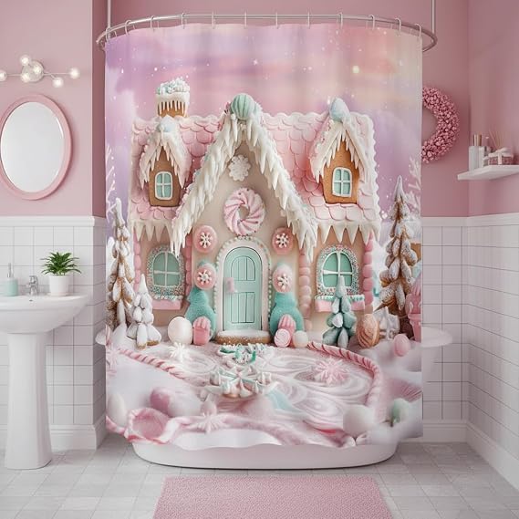 Lofaris Pink Christmas Shower Curtain, Gingerbread House Candy Land Bathroom Set, Winter Fairy Tale Holiday Decor, Waterproof Fabric with 12 Hooks