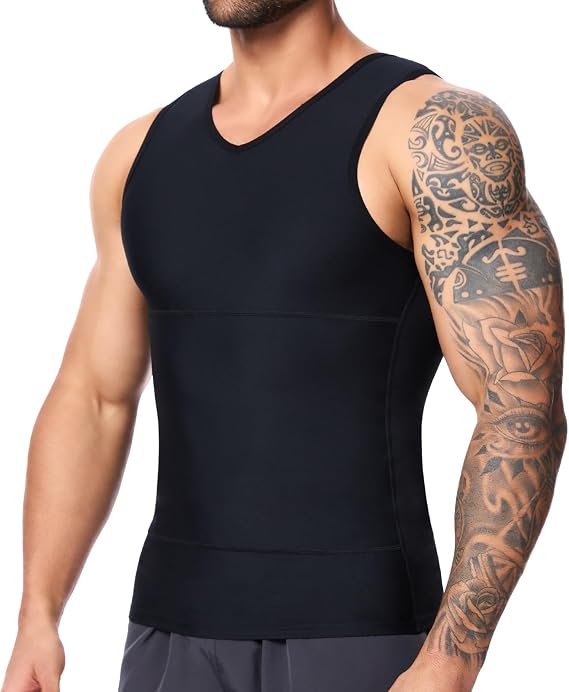 SLIMBELLE Compression Vest Men V-Neck Elastic Slimming Waist Trainer Tummy Control Base Layer Undershirts Compression top Shapewear Body Shaper for Men