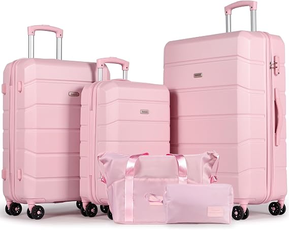 Suitcase Sets 5 Piece, Hard Shell Lightweight ABS Trolley Travel Luggage Set Spinner Wheels & TSA Lock with Travel Duffel Bag and Toiletry Bag -20”+24”+28”, Pink
