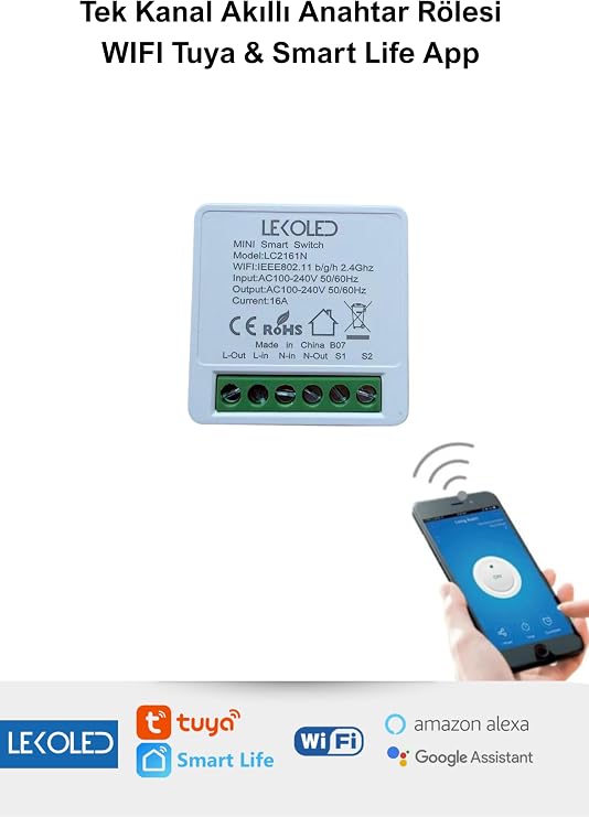 Tek Kanal Akıllı Wifi Anahtar Rölesi Tuya & Smart Life App Uyumlu [Enerji Sınıfı A]