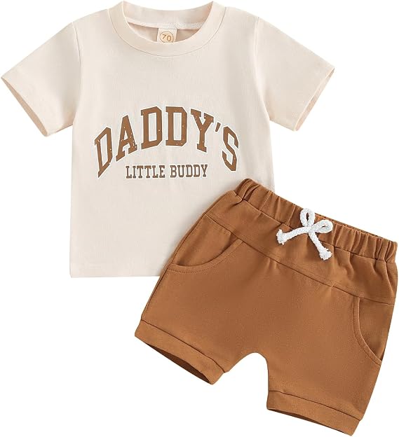 Toddler Baby Boy Summer Outfits Short Sleeve DADDY’S LITTLE BUDDY Print T-Shirts Top and Drawstring Shorts 2Pcs Clothes Set Tracksuit