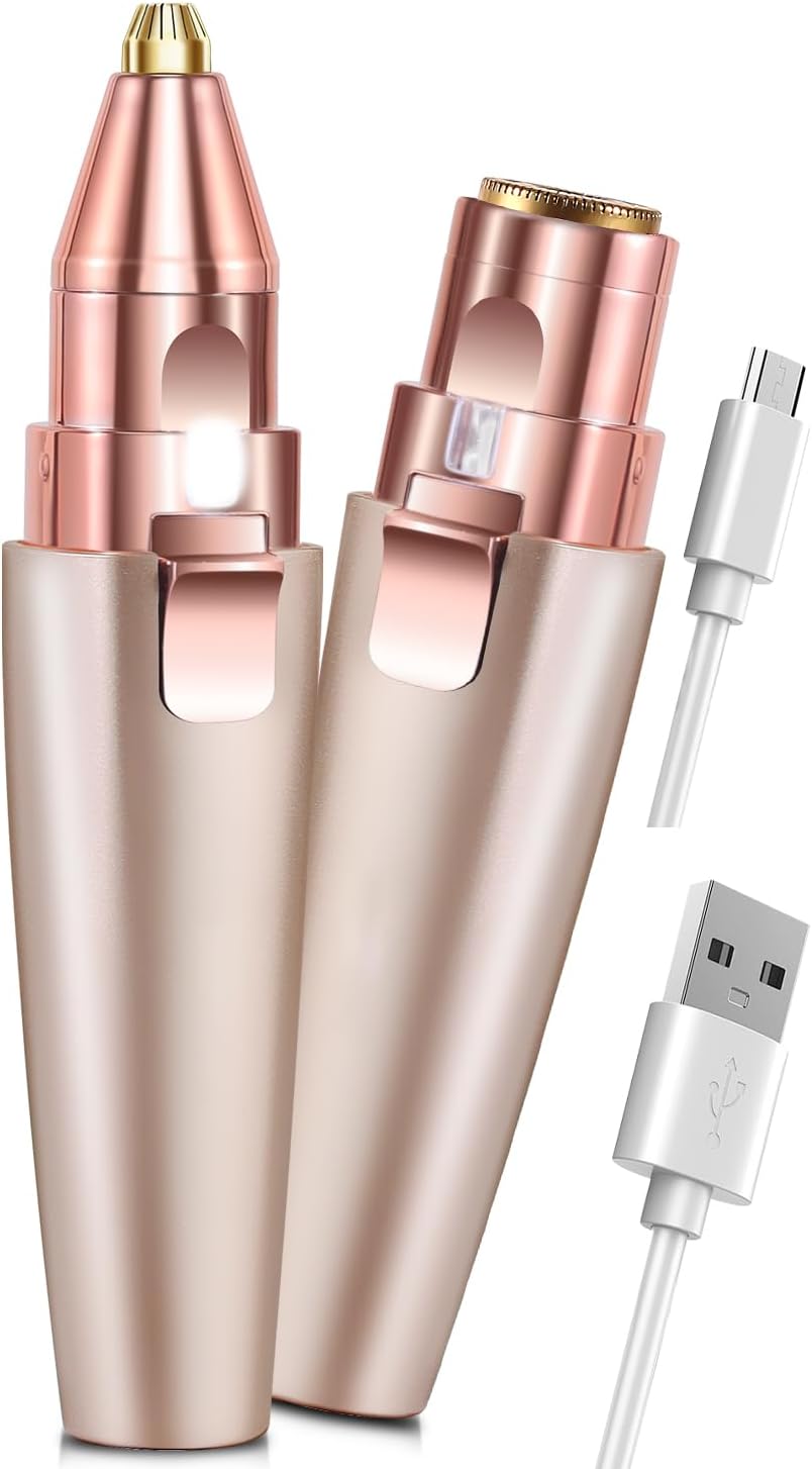 Hatteker Eyebrow Facial Trimmer, 2 in1 Rechargeable Hair Removal and Eyebrow Shaver - Face Lips Body Painless Razor with Built-in LED Light Rose Gold