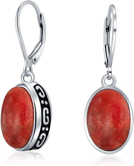 Bali Style Oval Gemstone Drop Earring Bezel Set Scroll Edge Sterling Silver