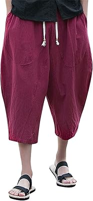 Mens Baggy Linen Capri Pants Loose Fit Yoga Drawstring Beach Pants Casual Wide Leg Below Knee Harem Pants