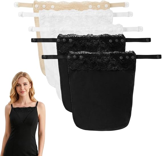 5 Pcs Modesty Panels for Low Cut Tops, Cleavage Cover Up for Dresses, Modesty Panel Lace Clip-On Mock Camisole Bra(Multicolour) Black