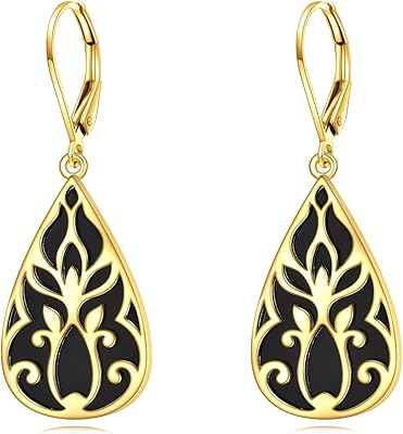 Black Onyx Earrings Sterling Silver Filigree Teardrop Black Stone Dangle Dangly Drop Leverback Earrings Boho Jewelry Gifts for Women