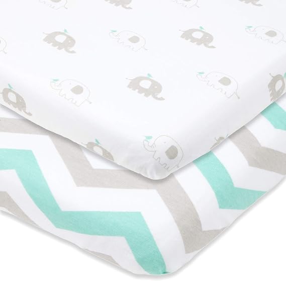 Joey + Joan Bassinet Fitted Sheets for Chicco Lullago Bassinet and Chicco Close to You 3-in-1 Bedside Sleeper Buttery Soft 100% Cotton Fits Perfectly on 19 x 32 Mattress Grey, Mint 2 Pack
