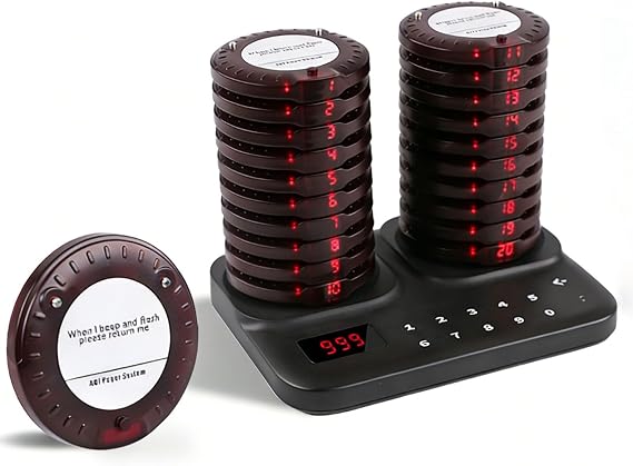 Restaurant Food Pickup Pager/Queue Receiver with 20 Pagers, 800-Meter Range, Buzzer, Flash and Vibration Functions. Suitable for Bars and Cafes