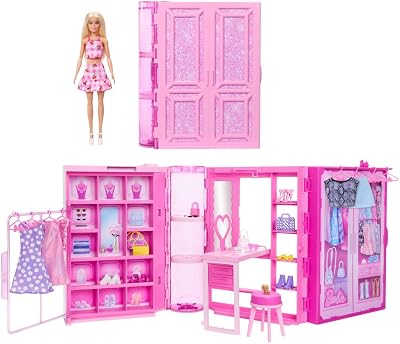 Barbie Dream Dressing Room Playset with 29 Pieces Including Doll, Vanity, Clothing Racks & Accessories, Portable Folding Closet with Handle, Multicolored, Ages 3