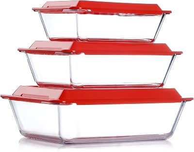 NUTRIUPS 1.52.43.7Qt Deep Glass Baking Dish, 11.5x8x3 in & 9.5x7x2.7 in & 8x6x2.4 in 3-Pack Deep Lasagne Dish with Lids for Oven, Rectangular Glass Bakeware