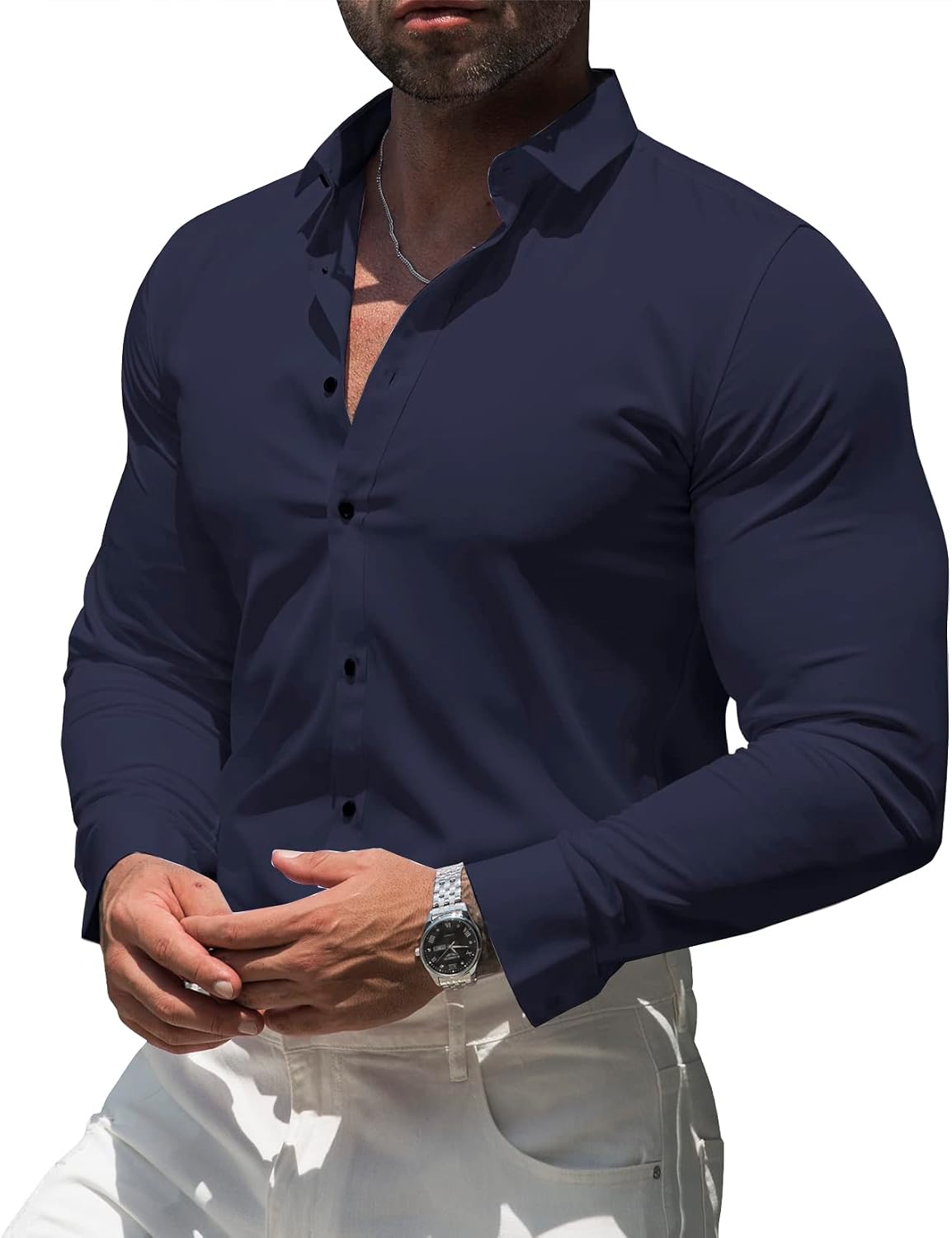 RPOVIG Mens Muscle Dress Shirts:Casual Button Down Long Sleeve Elasticity Athletic Fit Wrinkle-Free Shirt Azure