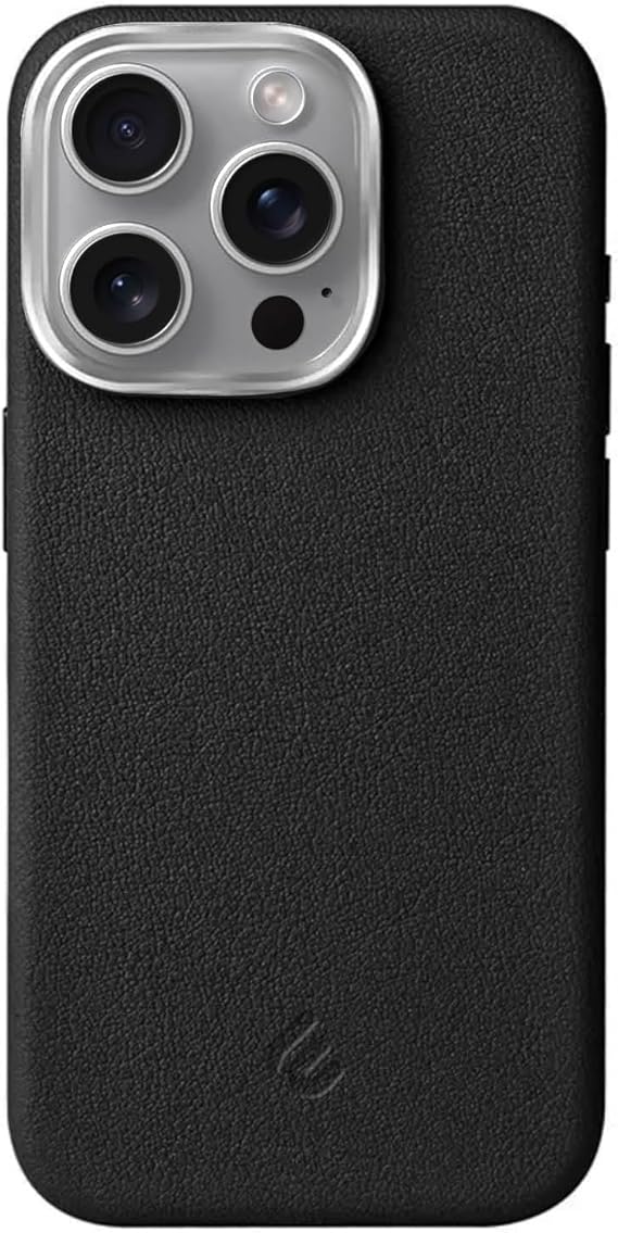 Minesk iPhone 14 Pro Max için MagSafe ile Uyumlu Çizilmeyen ve Parmak İzi Tutmayan Deri Görünümlü Metal Tuşlu ve Metal Lens Çerçeveli Hybrid Silikon Kılıf (Siyah, 14 Pro Max)